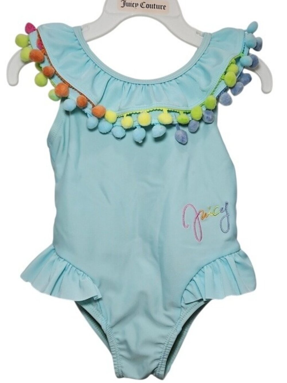 Juicy Couture Light Blue Girls Pom-Pom Ruffle One-Piece Swimsuit Rainbow New